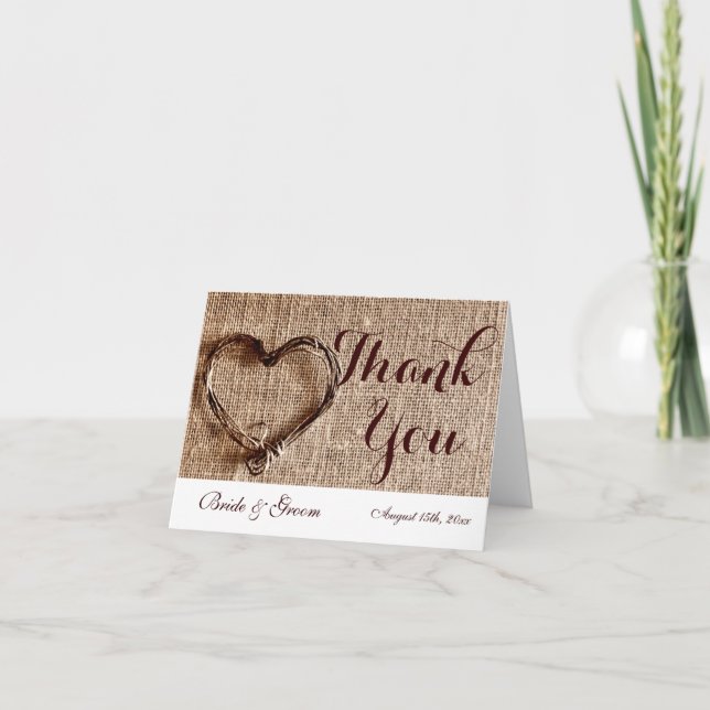 Rustic Country Twine Heart Wedding Thank You Cards (Front)