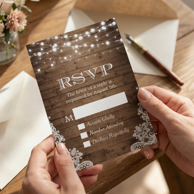 Rustic Country Twinkle Lights Lace Barn Wood RSVP Card (Creator Uploaded)