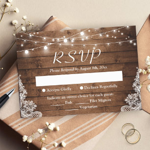 Rustic Country Twinkle Lights Lace Barn Wood RSVP Card