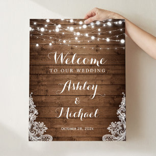 Rustic Country Twinkle Lights Lace Wedding Sign