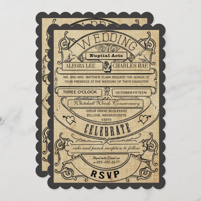 Rustic Country Typography Ticket Wedding Invite (Front/Back)
