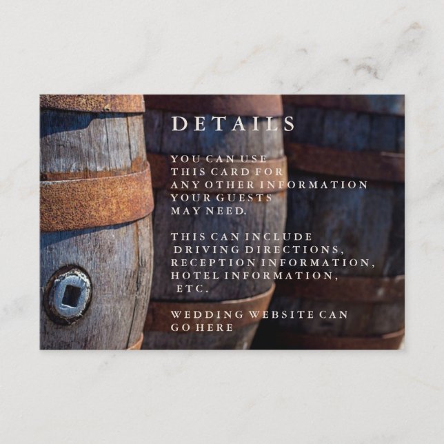 Rustic Country Vineyard Wine Barrel Details card (Front)