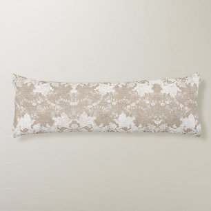 Rustic country vintage beige burlap and white lace body cushion