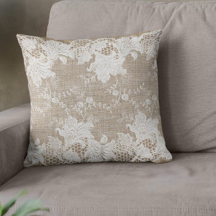 Rustic country vintage beige burlap and white lace cushion