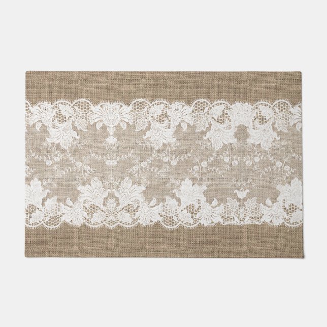 Rustic country vintage beige burlap and white lace doormat (Front)