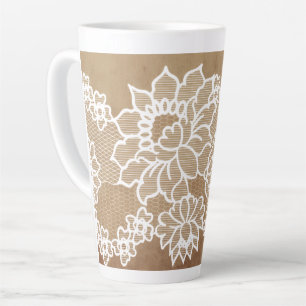 Rustic country vintage beige burlap and white lace latte mug
