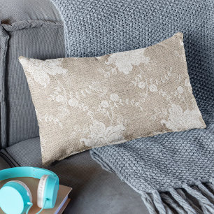 Rustic country vintage beige burlap and white lace lumbar cushion