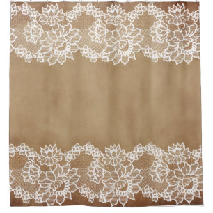 Rustic country vintage beige burlap and white lace shower curtain