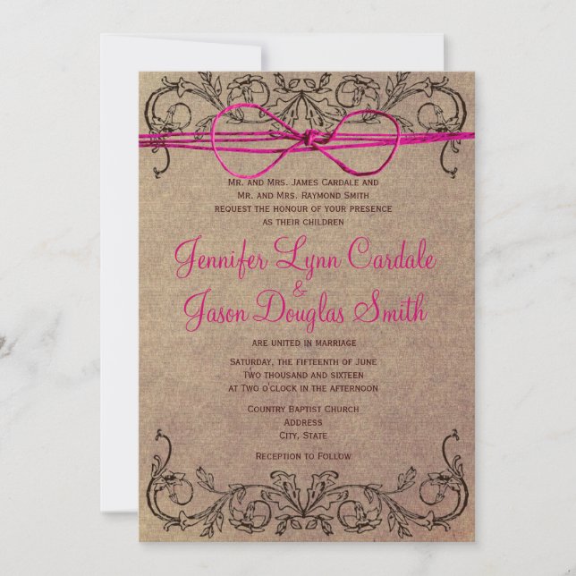 Rustic Country Vintage Brown Pink Wedding Invites (Front)