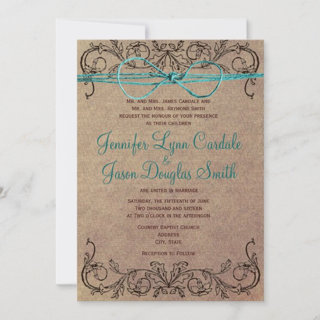 Rustic Country Vintage Brown Teal Wedding Invites (Front)