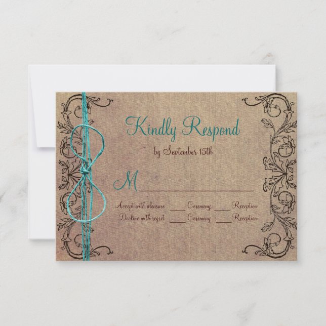 Rustic Country Vintage Brown Teal Wedding RSVP (Front)