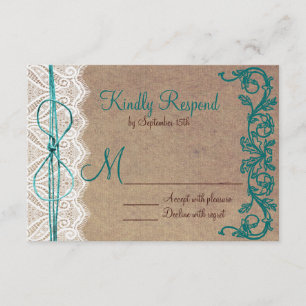 Rustic Country Vintage Brown Teal Wedding RSVP Card
