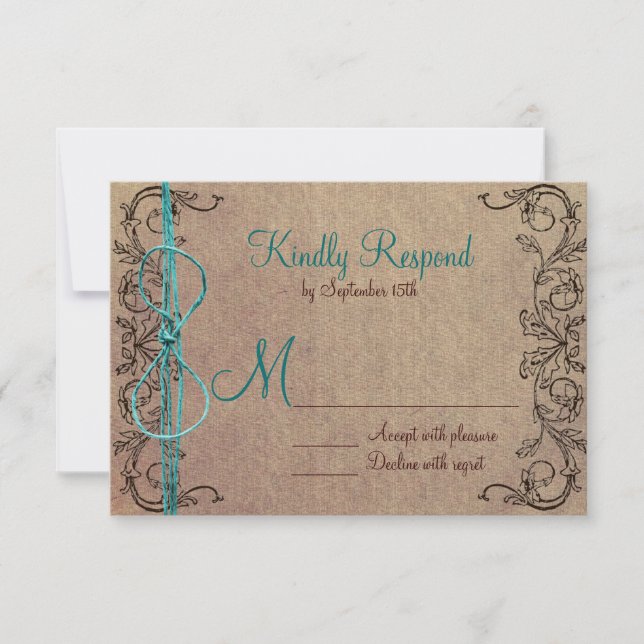Rustic Country Vintage Brown Teal Wedding RSVP Card (Front)