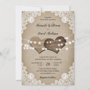 Rustic Country Vintage Burlap Floral Lace Wedding Invitation