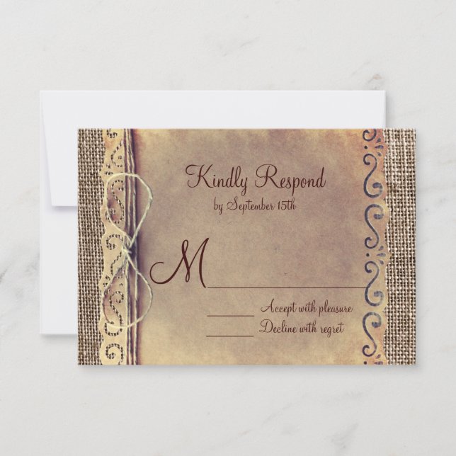 Rustic Country Vintage Burlap Wedding RSVP Cards (Front)