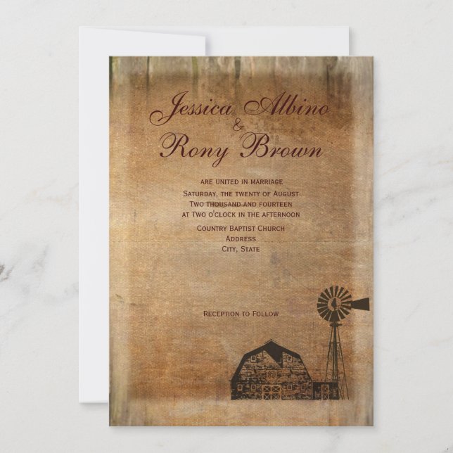 Rustic Country Vintage Canvas Wood Barn Windmill Invitation (Front)