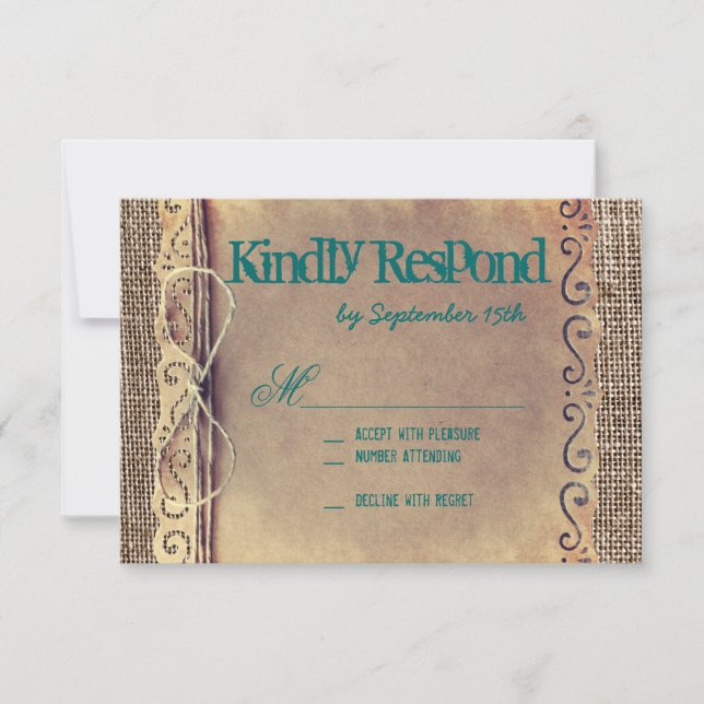Rustic Country Vintage Paper Teal Wedding RSVP (Front)