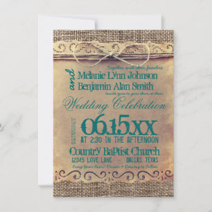 Rustic Country Vintage Paper Wedding Teal Invites