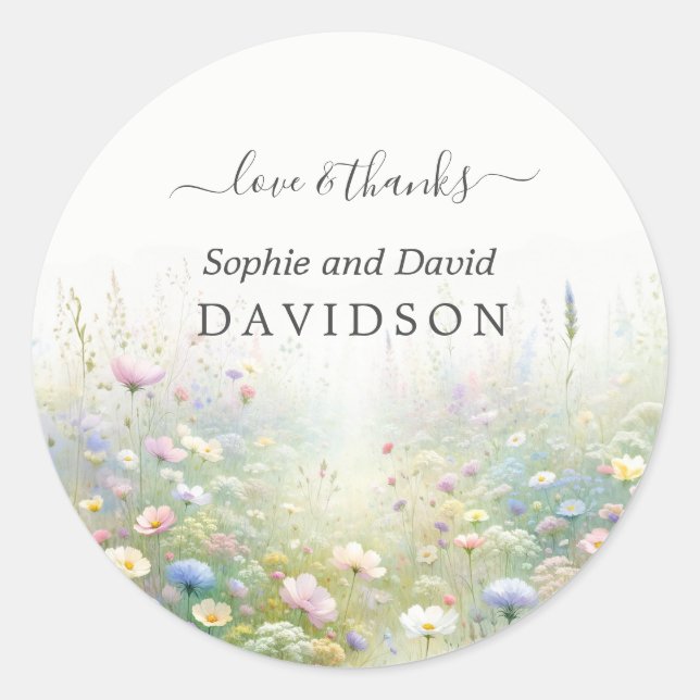 Rustic Country Watercolour Wildflowers Wedding Classic Round Sticker (Front)
