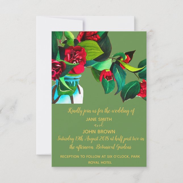 Rustic country wedding floral camellias invitation (Front)