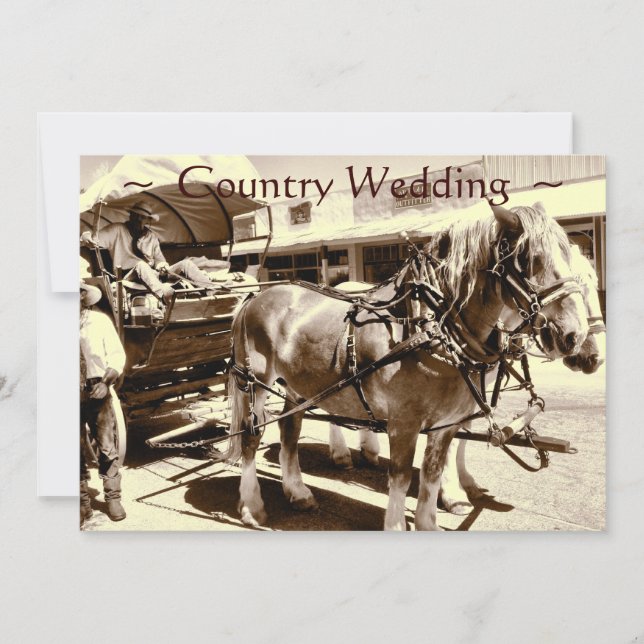 Rustic Country Wedding Invitations Horses Wagon (Front)