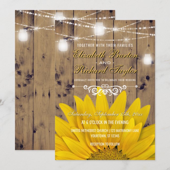 Rustic Country Wedding Mason Jar Lights Sunflower Invitation (Front/Back)