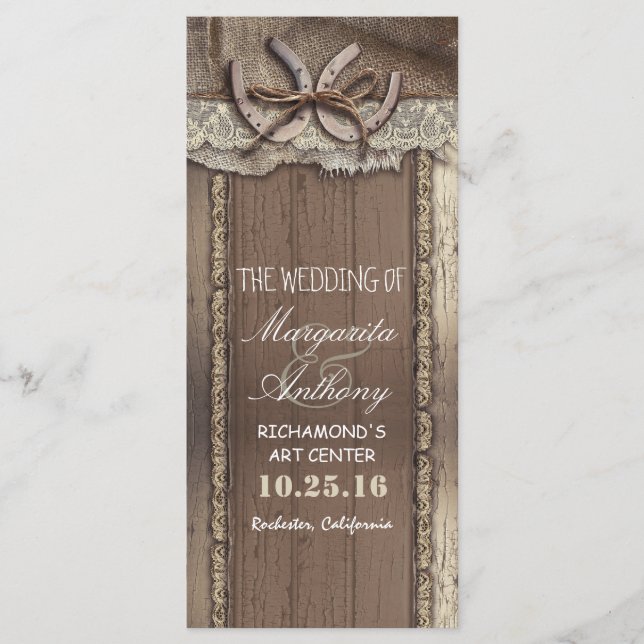 rustic country wedding programs with horseshoe programme (Front)