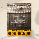 Rustic Country Wedding | Sunflower String Lights Invitation<br><div class="desc">Capture your wedding day with a beautiful,  timeless design! Our rustic-inspired décor evokes the perfect country-chic atmosphere with dark oak barrels,  twinkle string lights,  golden yellow sunflowers,  and your personalised monogram. Make your special day truly unique and leave your guests with a lasting impression.</div>