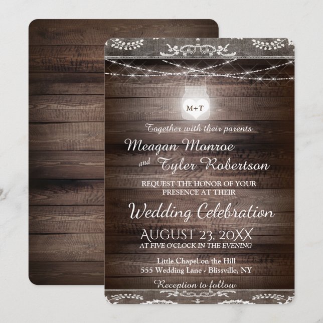 Rustic Country Wedding w/ Lace & Mason Jar Invitation (Front/Back)