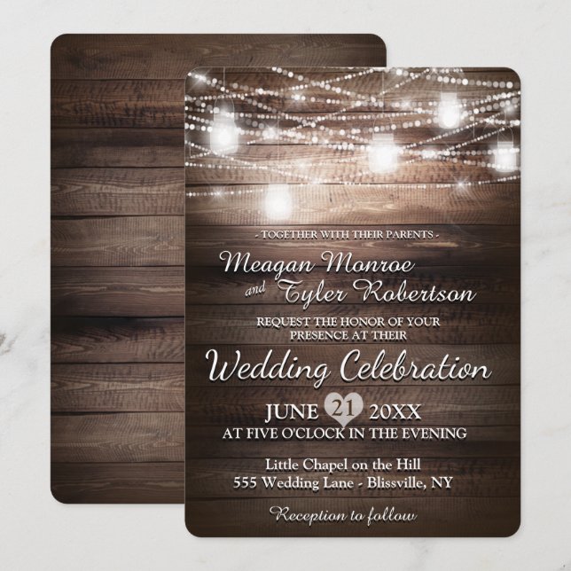 Rustic Country Wedding w/ String Lights Invitation (Front/Back)