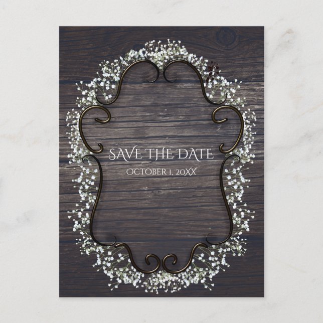 Rustic Country Western Baby's Breath Save the Date Announcement Postcard (Front)