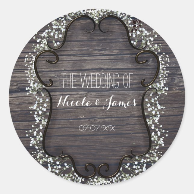 Rustic Country Western Babys Breath & Wood Classic Round Sticker (Front)