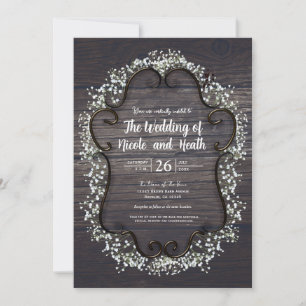 Rustic Country Western Babys Breath & Wood Invitation