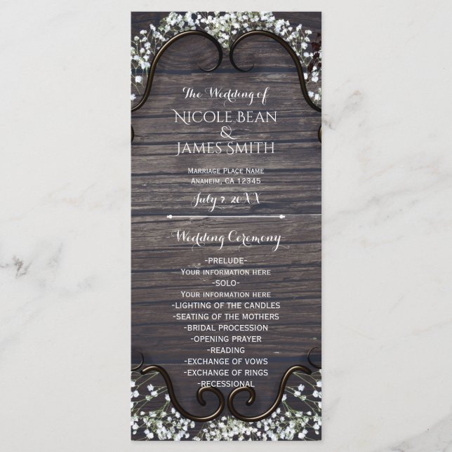 Rustic Country Western Babys Breath & Wood Program Programme (Front)