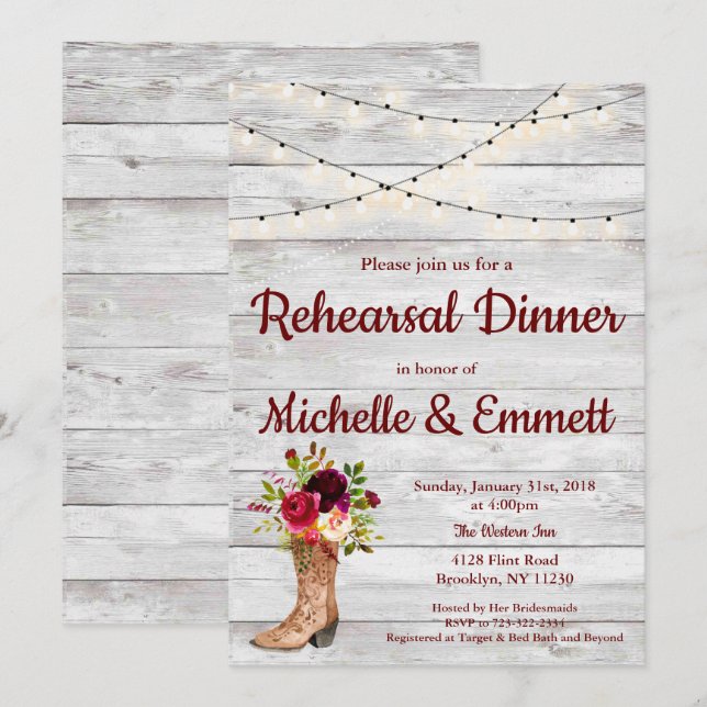 Rustic Country Western Boot Boho Rehearsal Dinner Invitation (Front/Back)