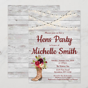 Rustic Country Western Boot Vintage Hens Party Invitation