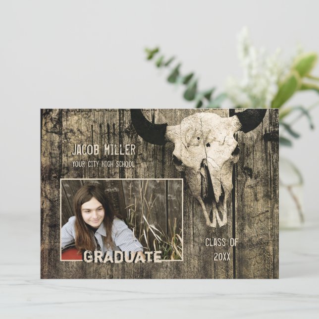 Rustic Country Western Bull Cow Skull Graduation Announcement (Standing Front)