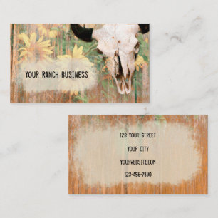 Rustic Country Western Bull Skull Sunflowers Wood Business Card