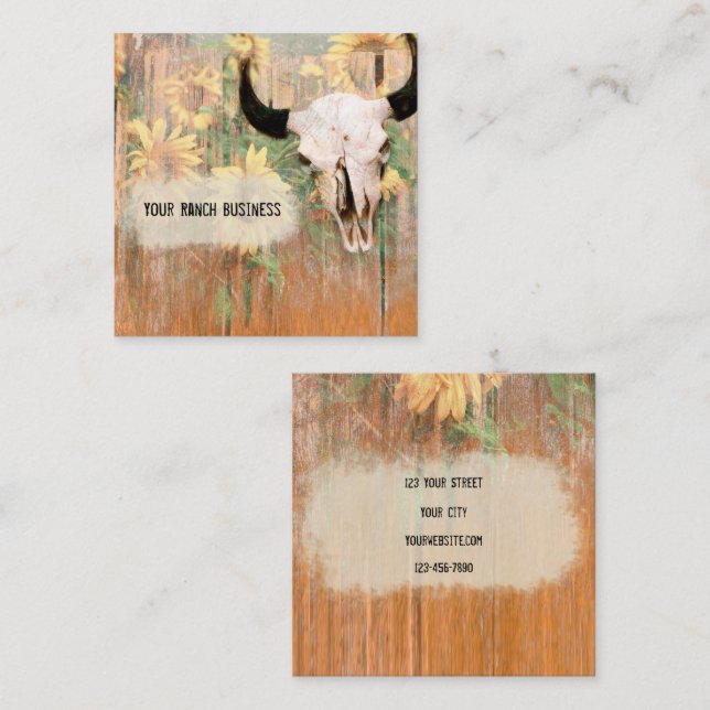 Rustic Country Western Bull Skull Sunflowers Wood Square Business Card (Front/Back)