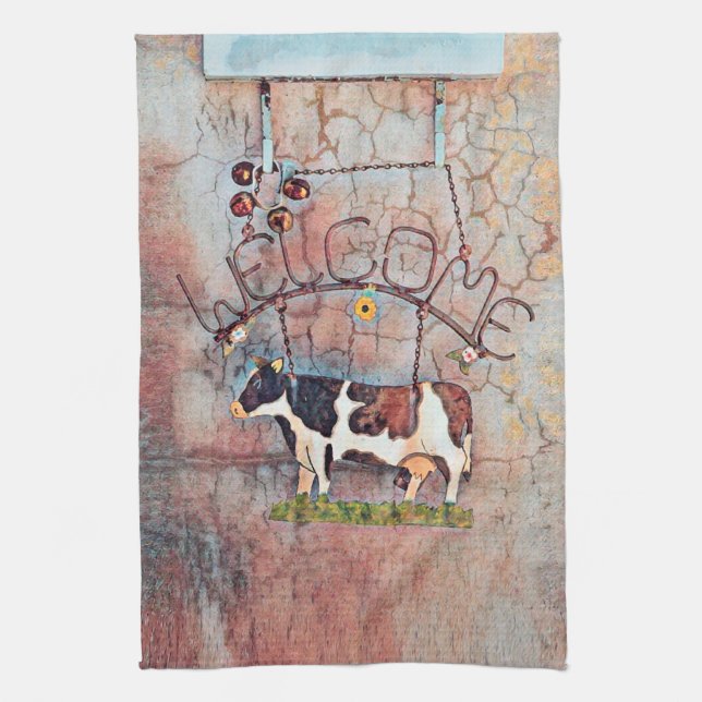 Rustic Country Western Cow Farmhouse Tea Towel (Vertical)