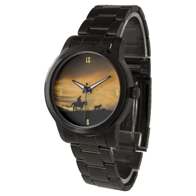 Rustic Country Western Cowboy Steer Drive Watch (Angled)