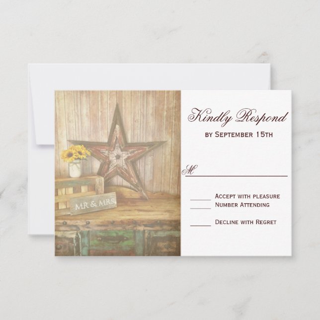 Rustic Country Western Star Wood Wedding RSVP Card (Front)