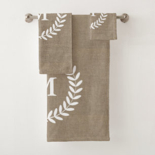Rustic Country White Classy Laurels & Faux Burlap Bath Towel Set