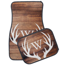 Rustic Country White Deer Antlers Barn Wood Car Mat