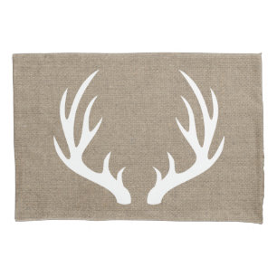 Rustic Country White Deer Antlers Burlap Pillowcase