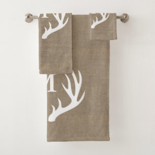 Rustic Country White Deer Antlers & Faux Burlap Bath Towel Set