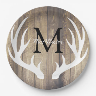 Rustic Country White Deer Antlers Light Barn Wood Paper Plate