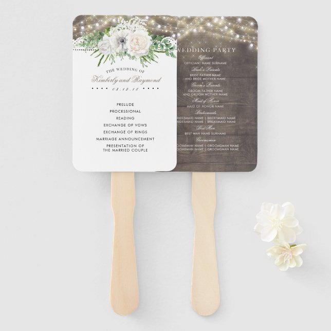 Rustic Country White Flowers Chic Wedding Program Hand Fan (Front and Back)