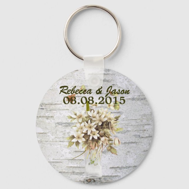 rustic country wildflower white birch wedding key ring (Front)