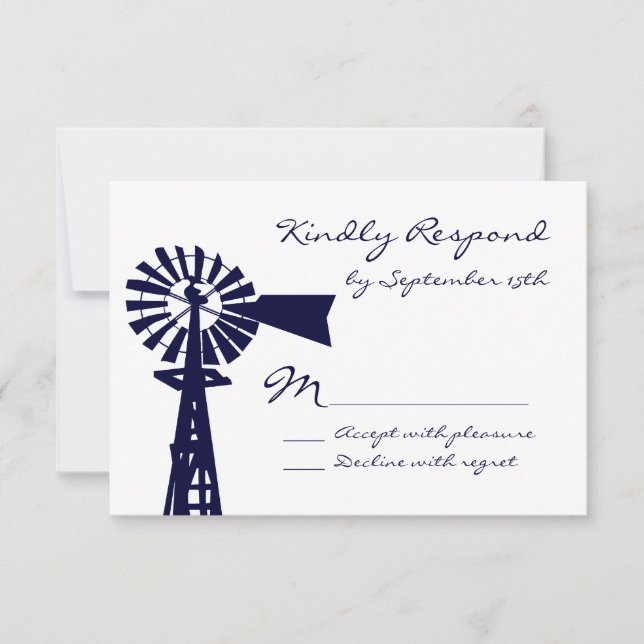 Rustic Country Windmill Navy Wedding RSVP Cards (Front)
